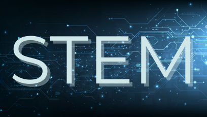 The word STEM over a dark blue circuit board technology concept background.